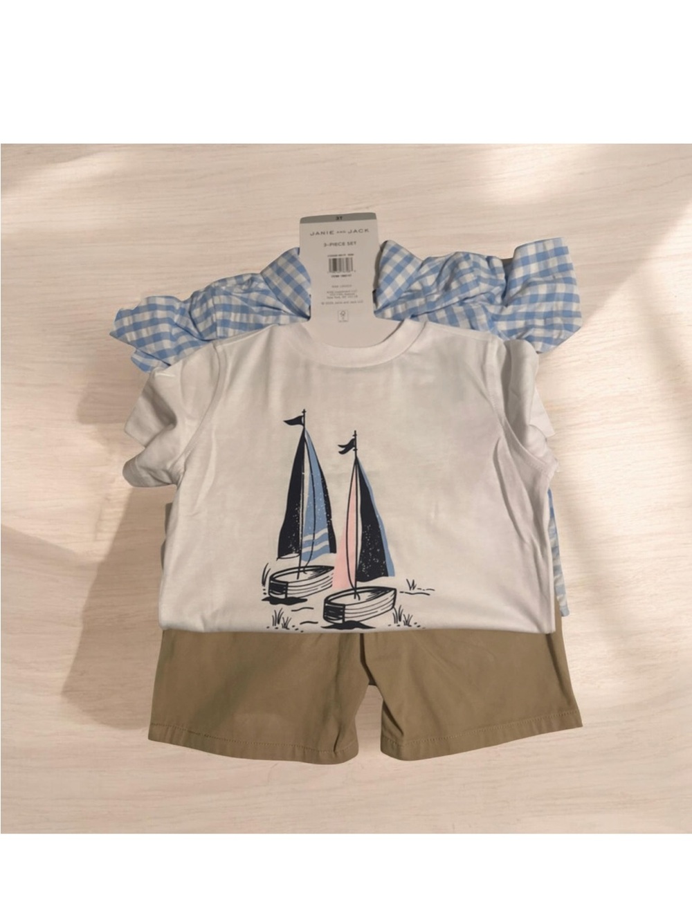 New ~ Janie and Jack Set White Tee W/Sailboats, Tan Shorts & Checkered Shirt 3T